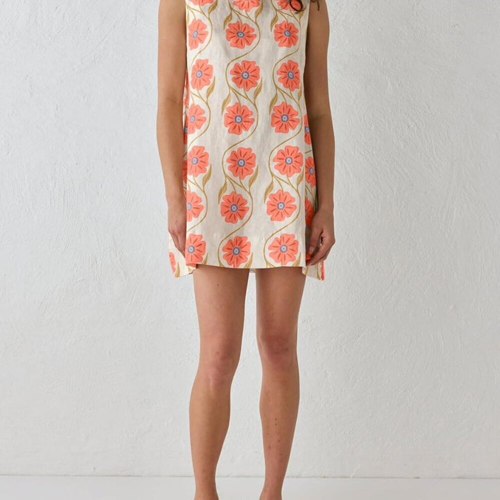 Women Summer Floral Cotton Linen Sleeveless A-Line Mini Dress Casual Potent - Picture 4 of 7